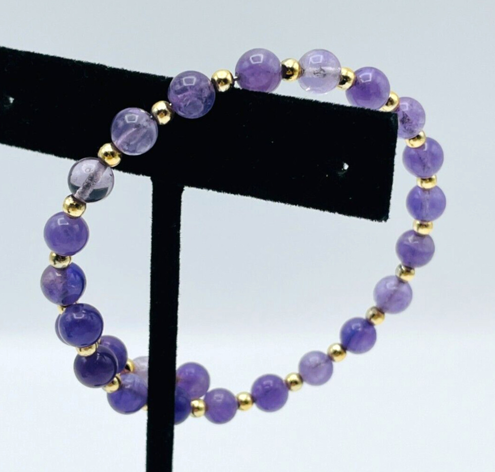 Purple Amethyst 6mm Gemstone and 3mm Gold Beads Bracelet February Birthstone